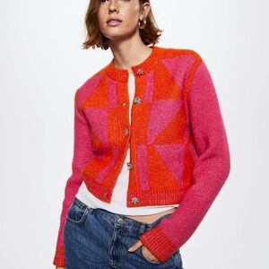 Mango Pink and Orange Geometric Cardigan w/ Jewel Buttons- BRAND NEW WITH TAGS.